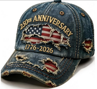 250th Anniversary USA Flag Vintage Denim Baseball Cap – 1776–2026